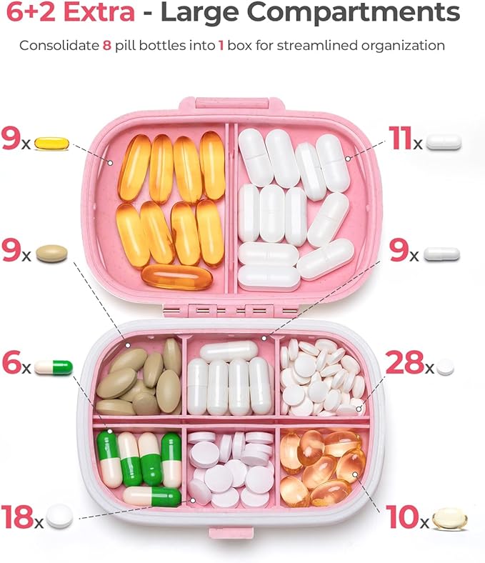 Travel Pill Organizer, 6+2 Extra Large Compartments Portable Pill Case, Daily Pill Box to Hold Vitamins, Small Pill Container for Pocket Purse Medicine Organizer（Pink）