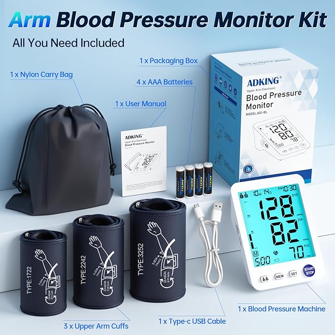Upper Arm Electronic Blood Pressure Monitor 3 Size Cuffs(S,M/L,XL),Small 7-9",Medium/Large 9-17" and Extra Large Cuff 13-21" Adjustable Blood Pressure Cuff Large LCD Display with Battery & USB Cable