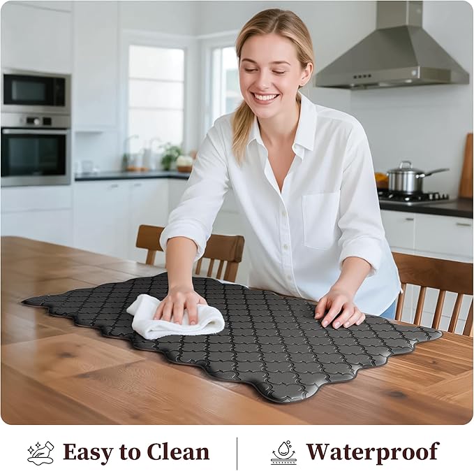 Upgrade Scalloped Embossed Kitchen Mats for Floor 2PCS Cushioned Anti Fatigue Waterproof Foam Kitchen Rugs Non Slip Washable Comfort Standing Mat for Office Sink Laundry, Black