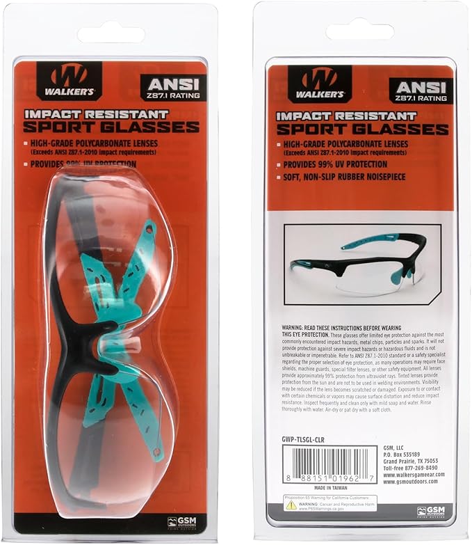 Walker's Unisex Teal Impact Resistant Sport Glasses | Durable Non-Slip Rubberized Frame UV Protection Shooting Outdoor Sports Glasses w/ Clear Lenses