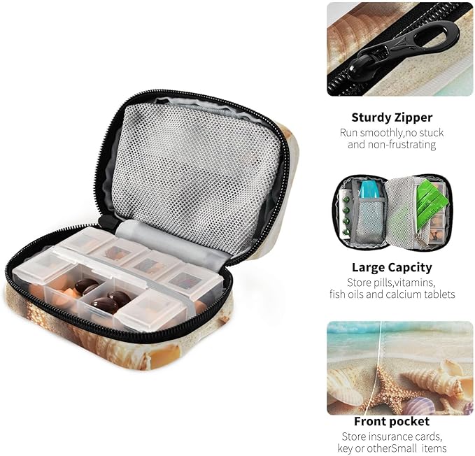 Travel Pill Case Seashells on A Summer Beach and Sand Weekly Small Pill Box 7 Day Pill Box Pill Organizer Bag