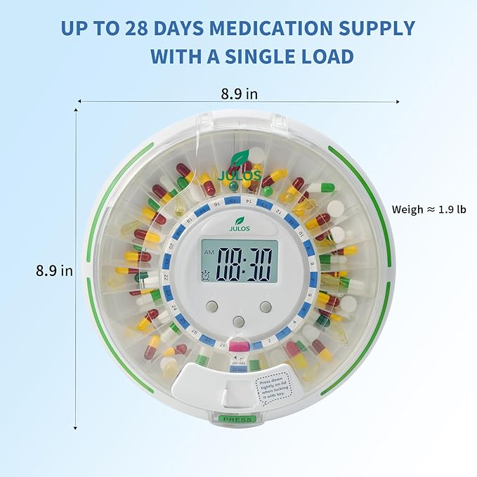 JULOS Locked Automatic Pill Dispenser with Sound & Light Alerts for Elderly, 28-Day Electronic Medication Organizer, up to 6 Alarms/Day, 6 Dosage Rings, Pill Dispenser for Vitamins & More, Clear Lid