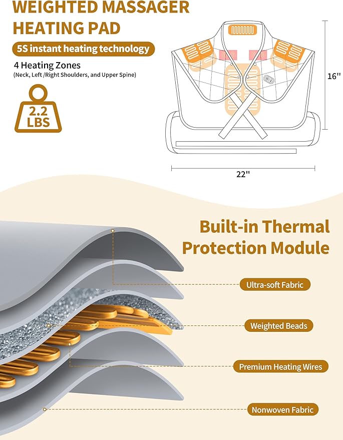 Vofuoti Heating Pad for Neck and Shoulders, Portable Cordless Heating Pad with Massager and Battery, Weighted Electric Heated Neck Shoulder Wrap, 16'' x 22'', 2.2lbs-Gray