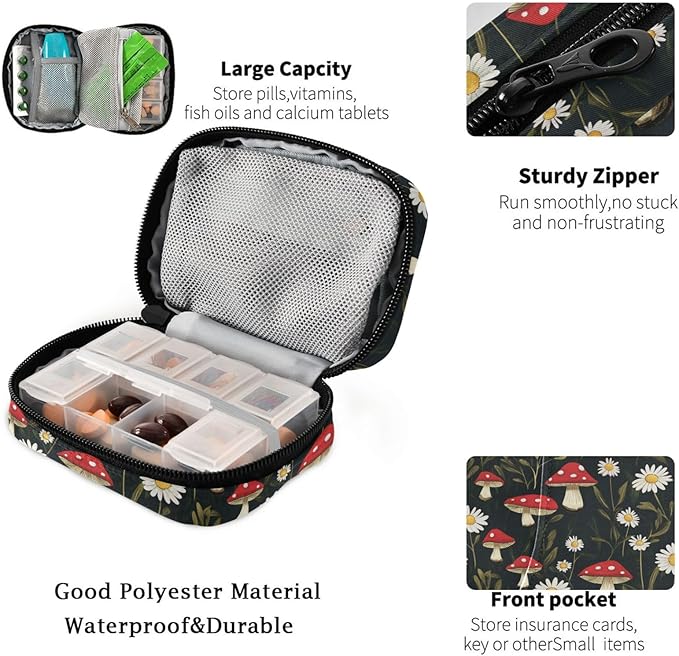 Fustylead Watercolor Amanita Mushrooms and Daisy Pill Organizers 2 Times A Day Pill Case Bag with Zipper Portable Weekly Pill Dispensers for Vitamin Supplement