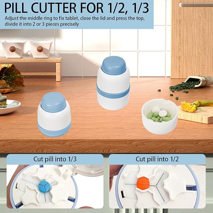 Pill Cutter 1/3 Pill Splitter for Small and Large Pills with Stainless Steel Blade for Cutting Pills in one Third or Half, Portable Pill Organizer, Ideal for Cutting Tablets, Vitamins