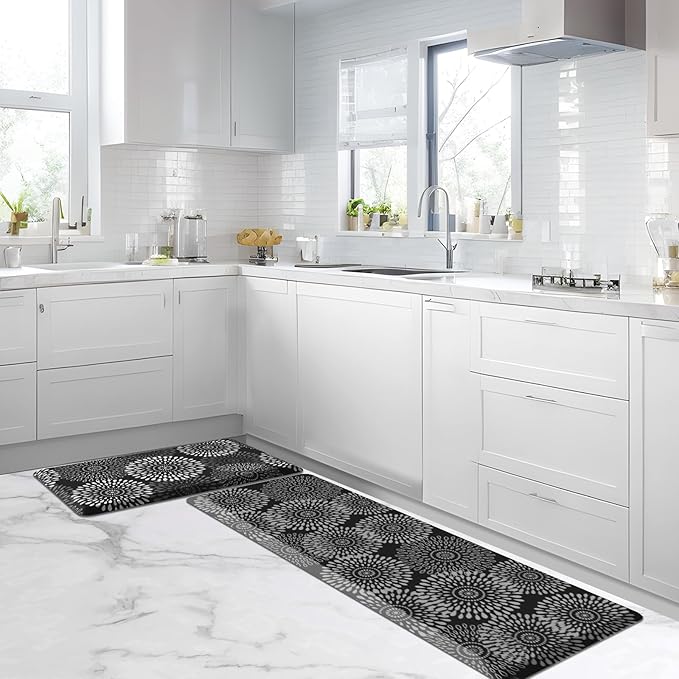 LuxStep Kitchen Mats for Floor,0.47 inch Thicker Cushioned Rug Anti-Fatigue Mats for Kitchen Decor Accessories,Waterproof Non-Slip Mats and Rugs Set for Office,Laundry 17.3"×29"+17.3"×60",Black
