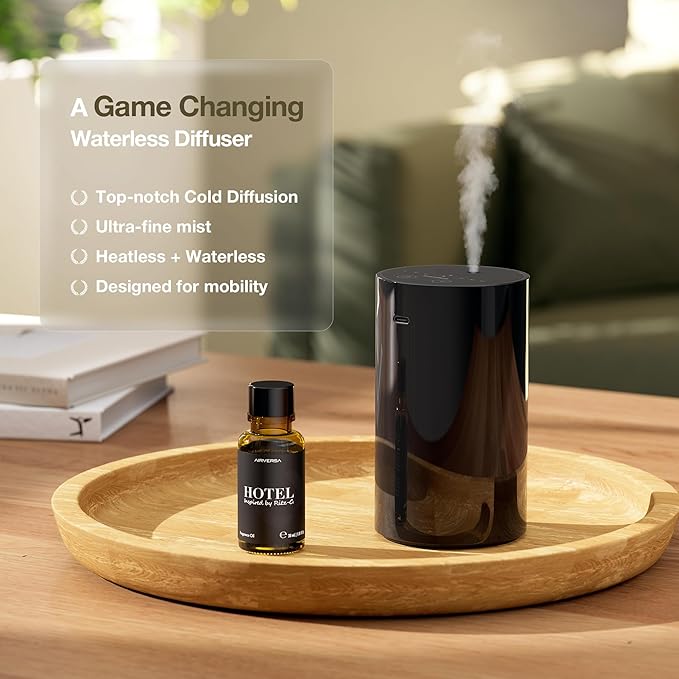 Waterless Essential Oil Diffuser Starter Kit with 4 x 10mL Hotel Scent Fragrance Oils, Battery Operated Mini Scent Air Machine Portable Diffuser for Home Car Office, ANZ Black Kit