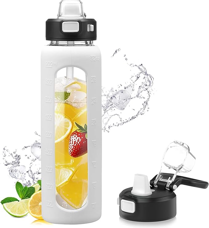 Kodrine 32 oz Glass Water Bottle with Straw and Carry Loop, One-Touch Leakproof Locking Lid, Reusable Drinking Bottle with Time Marker for Travel Home Gym Sports (White)