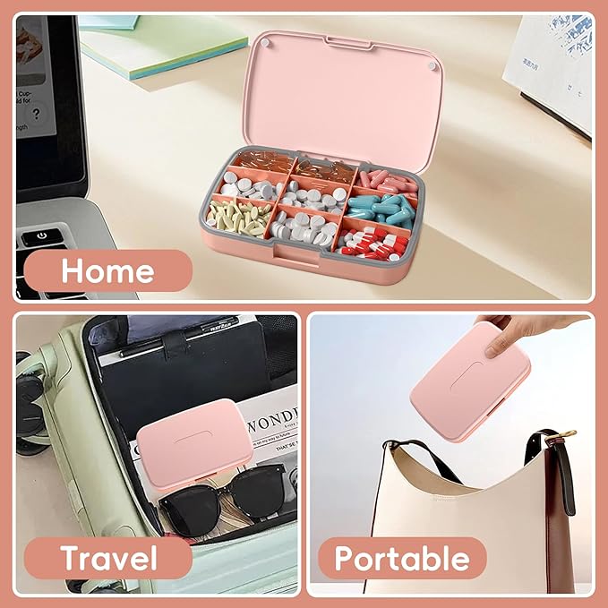 9-Compartment Magnetic Pill Organizer - Daily Pill Case with Adjustable Compartments, Waterproof Silicone Seal for Travel, Home & Office Use (Pink)