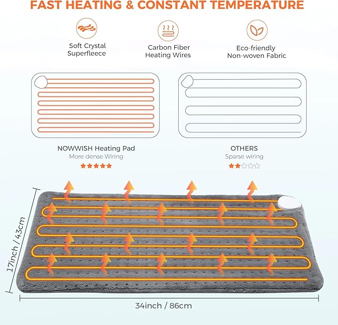 NOWWISH Heating Pad for Back Pain Relief & Period Cramps, 33x17 Inches Electric Heating Pad with 10 Heat Settings, Timer and Auto Shut-Off, Machine Washable, Mothers Day Gifts for Mom Women, Green