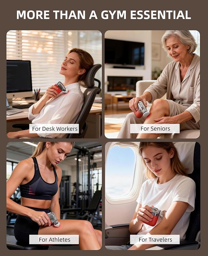 Mini Massage Gun, 0.4lb Ultra-Lightweight Pocket Sized Deep Tissue Percussion Muscle Massager, Portable Handheld Massage Gun for Travel, Gym, Office, 3 Speeds, 4 Heads, Red