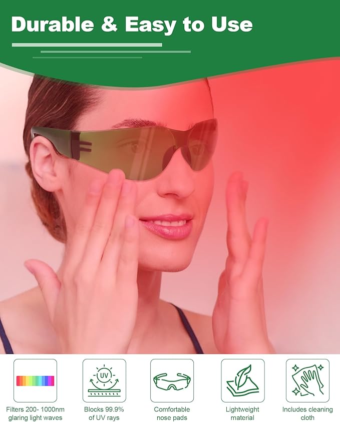 LIGHTMEUP Red Light Therapy Glasses,Eye Protection for Infrared & LED Light Sessions–Blocks 200-2000nm Harmful Wavelengths,Maintain Visibility,Lightweight Red Light Goggles
