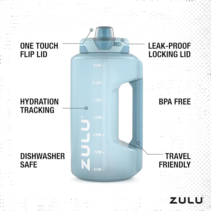 Zulu Goals Half Gallon Jug with Time Marker & Handle for All Day Hydration & Silicone Straw with Locking, Leak-Proof Lid, BPA Free, 64oz