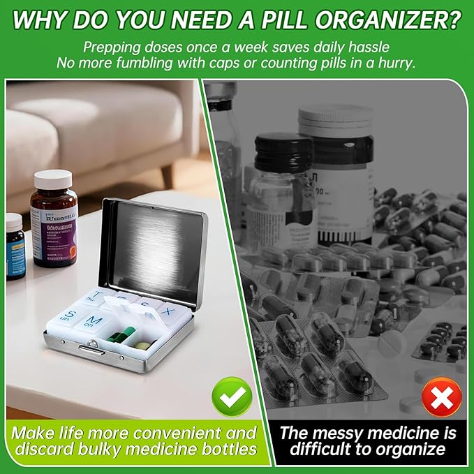 Portable Metal Travel Pill Organizer (7 Days a Week), Large Capacity 8 Compartments, BPA-Free (M-Antique Silver, Medium)