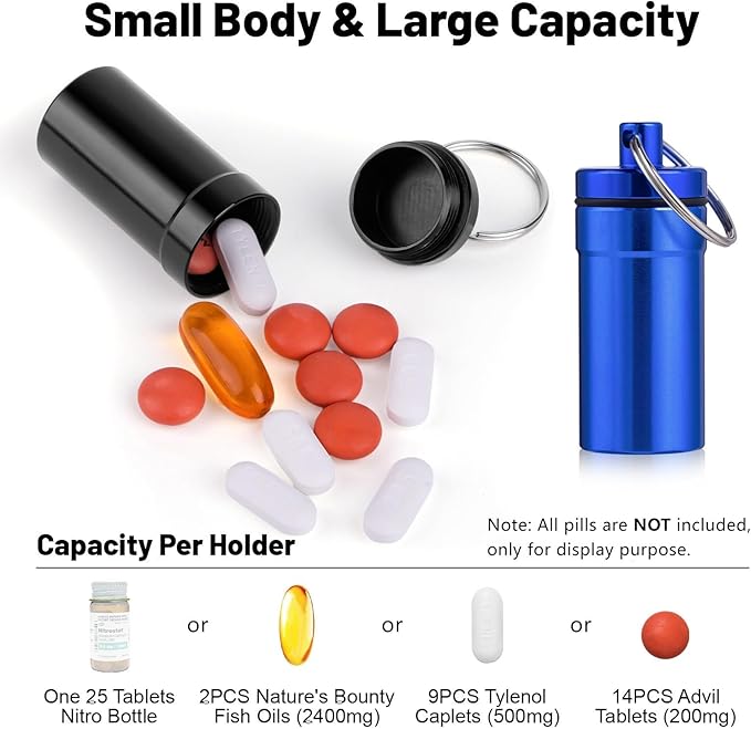 Keychain Pill Holder for Nitroglycerin, 3 Pack Mini Waterproof Portable Travel Purse Pocket Pill Case, Keychain Fob Container for 25ct Nitro/Nitroglycerin Bottle (3pcs-Black + Blue + Red)
