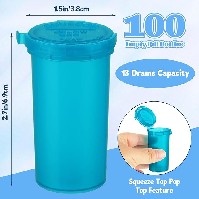 100 Pcs Plastic Empty Prescription Vial, 13 Dram Pill Bottles, Waterproof Airtight Joint Pill Bottles with Pop Top Caps Medicine Container for Pills, Crafts, Candy, Supplements and More(Blue)
