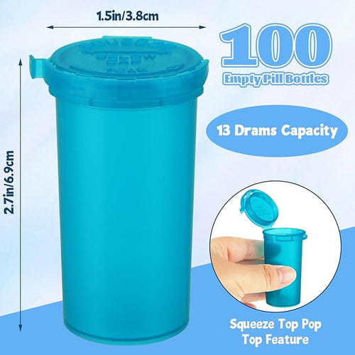 100 Pcs Plastic Empty Prescription Vial, 13 Dram Pill Bottles, Waterproof Airtight Joint Pill Bottles with Pop Top Caps Medicine Container for Pills, Crafts, Candy, Supplements and More(Blue)