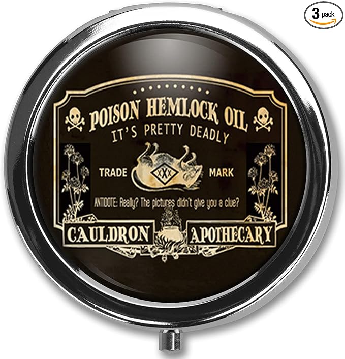 Transparent 3-Compartment Medicine Pill Case, Portable Round Pill Box for Pocket or Purse, Decorative Metal Medicine Vitamin Organizer. (It's Pretty Deadly)