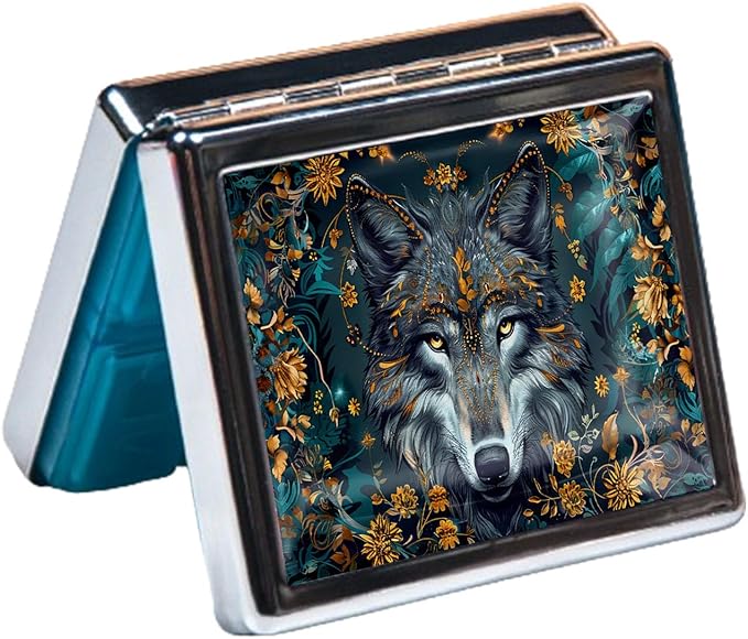7 Day Travel Pill Organizer with Mirror Shiny Silver Chromed 8 Compartment Pill Box for Vitamins and Medications Compact and Stylish Medicine Case (The Wolf)