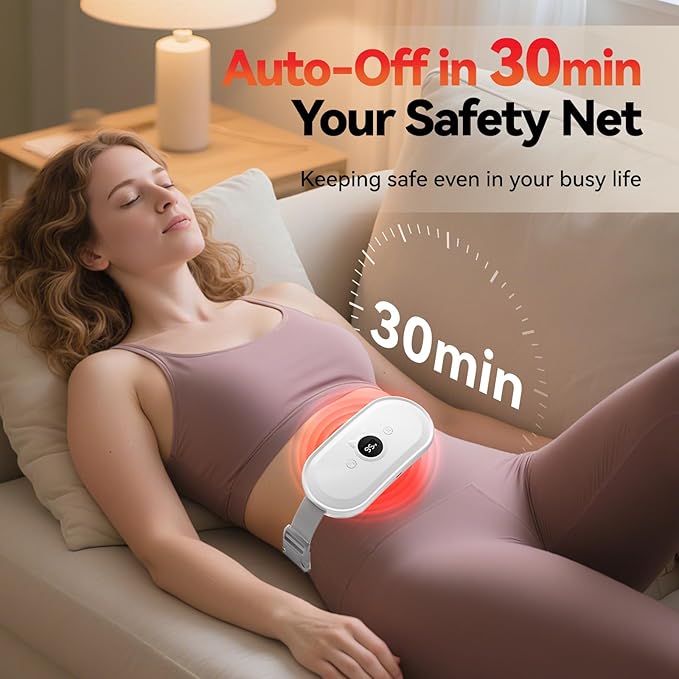 Portable Heating Pad for Period Cramps Relief Vibrating Menstrual Heating Belt for Women, Fast Heat with 7 Heat Levels and 7 Modes for Menstrual, Pain Relief for Back & Stomach - White