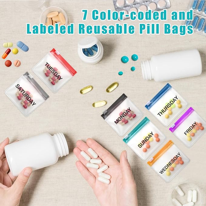 Reusable Pill Pouch - 35 Zippered Pieces, Portable Medicine Bags with Slide Lock