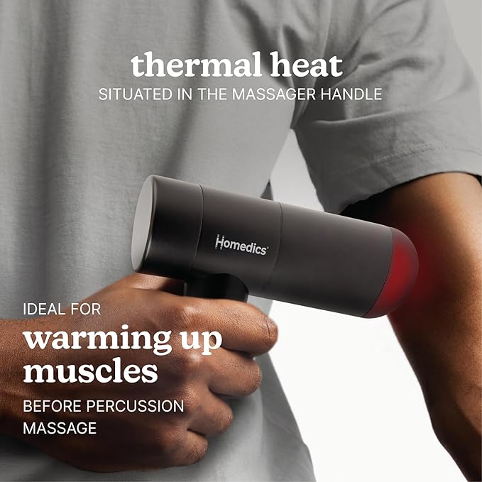 Homedics Therapist Select Compact Percussion Massager, 4 Attachments, Thermal Heat, Rechargeable Battery with 4-Hour Runtime, 3 Intensity Levels, Cordless for Travel