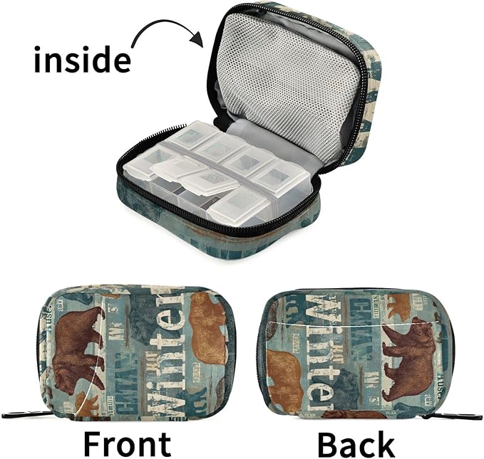 Brown Bear Winter Green Travel Pill Organizer Case Box Container Weekly Portable Vitamin Medicine Holder Storage Bag with Zipper Removable