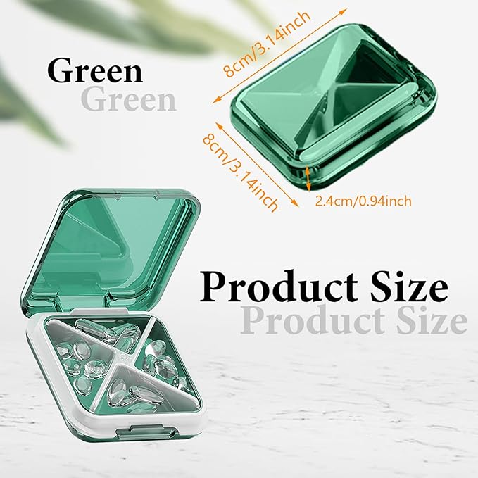 Small Pill Box Waterproof Travel Pill Case Portable Daily Pill Container Pill Holder for Purse 4 Compartments Pocket Compact Medicine Organizer for Fish Oils,Supplements,Medication (Green)