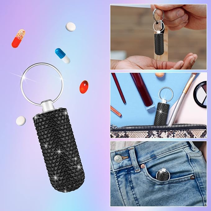 Yuchew Bling Pill Case Pill Container Rhinestone Pill Box Portable Waterproof Pocket Pill Holder Storage Bottle with Keychain for Travel, Outdoor, Camping (Black)