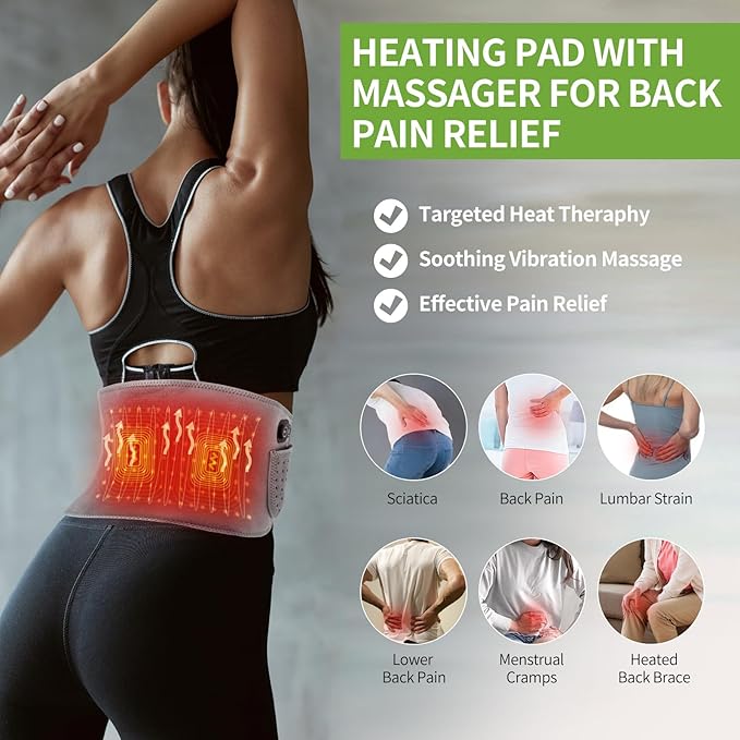 Wireless Heating Waist Belt with 8000mAh Battery, 3 Vibration Modes & 3 Heat Levels, Cordless Back Massager with Extension Strap for Lower Back, Cramps, Lumbar Support, Office & Travel Use