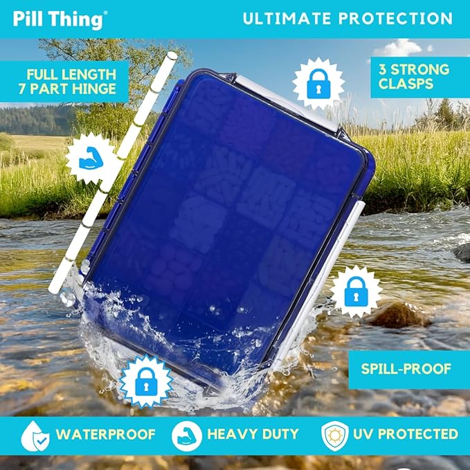20 Compartment UV Protected Large Cobalt Blue Pill Case with Airtight Seal, Spill Proof, Silicone Gasket Waterproof Med Box with Medication Map, Medical Alert Card (Blue 2 Pack)