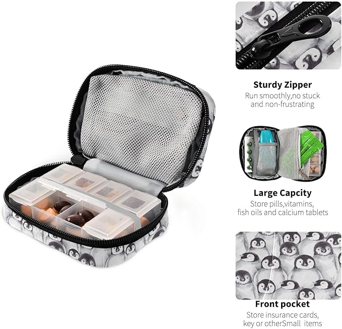 Cute Penguins Pill Box 7 Day Pill Case Travel Pill Organizer Bag Container for Medicine with Zipper Portable Weekly Case Compact Size for Medicine, Vitamin, Supplement