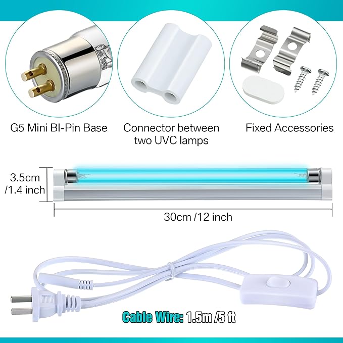8w UV Light with Ozone, 110V UVC Double Germicidal Lamp Including ON/Off Switch Cord and Plug, 253.7nm Wavelength UVC Lamp with Connector and Screw Tools for Closet Shoe Cabinet