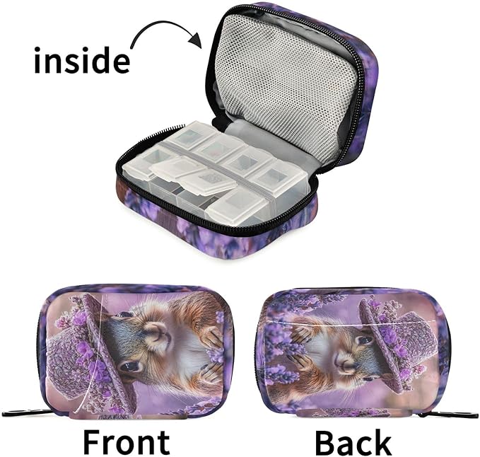 Pretty Lavender Squirrel Cute Pill Organizer Weekly Travel Pill Box 7 Day Large Capacity Pill Dispenser Case with 8 Pill Container Daily Pill Box Organizer Vitamin Holder Pill Bottle Organizer