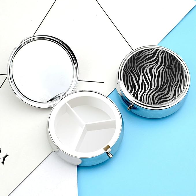 Zebra Print Pill Box Travel Pill Case for Purse Pocket Weekly Medicine Organizer with Mirror 3 Compartment Round Medicine Case Portable PillcaseHolder for Daily