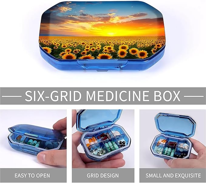 This Portable Sunflowers at Sunset Pattern 6-Compartment Pillbox Can Be Placed in A Pocket Or Wallet to Store Vitamins, Medicines Fish Oil Health Supplements Other Medications.