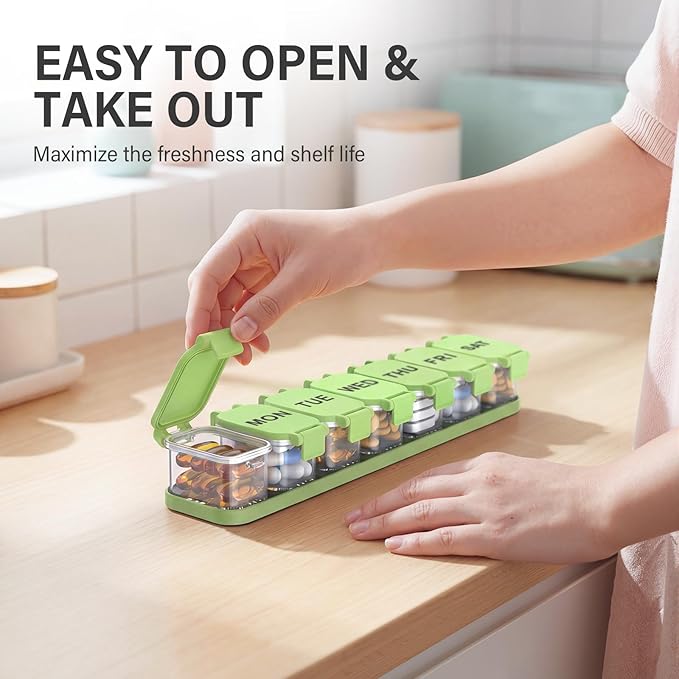 Extra Large Weekly Pill Organizer - Waterproof 7-Day Pill Box, Portable Vitamin & Supplement Case, Easy to Open Design, Ideal for Travel a nd Daily Medication Management (Green)