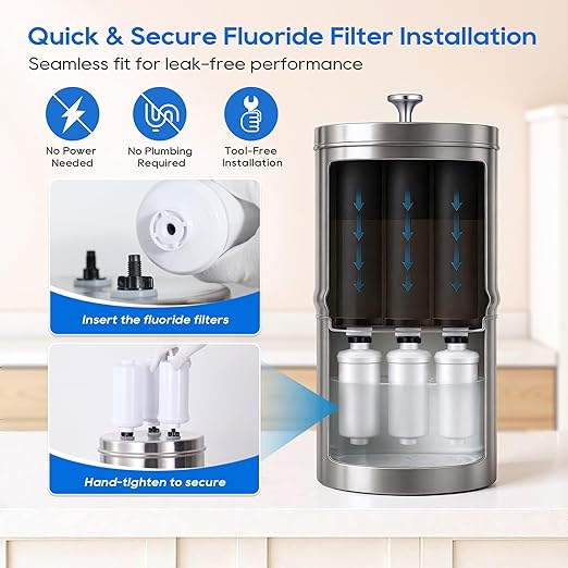 LCF Gravity-fed Water Filter System, 3 Gallons Stainless-Steel System with 6 Filters, Metal Water Level Spigot and Stand, Reduces Chlorine & Fluoride (Fluoride Filters)