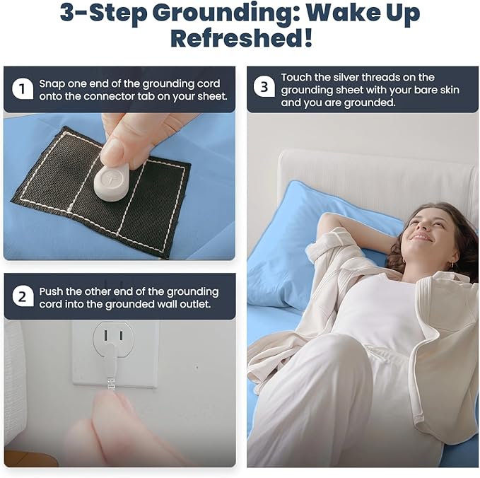 OKOHEY Grounding Fitted Sheets with 15ft Earthing Cord, Twin XL Size, 90% Organic Cotton + 10% Silver Fiber, Soft & Breathable Grounded Sheet for Better Sleep and Enhanced Wellness, Light Blue