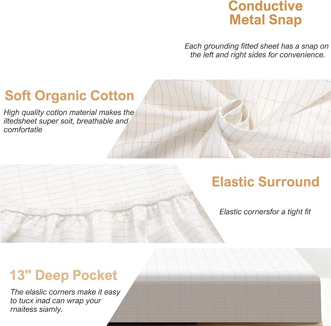 grounding Sheets King 90% Organic Cotton+10% Pure Silver Fiber, Grounding Fitted Sheets with Grounding Cord,Pain Reliefand Helps Sleep- Earth Connected Bedding (White, Queen)