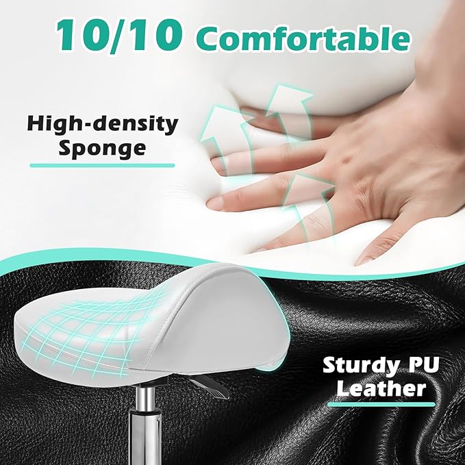 Ergonomic Saddle Stool with wheels - Upgraded Thicker Leather Seat Cushion, Healthy Posture Correction, Silky Smooth Gliding, Adjustable Rolling Saddle Stool Chair for Salon Medical Massage, White