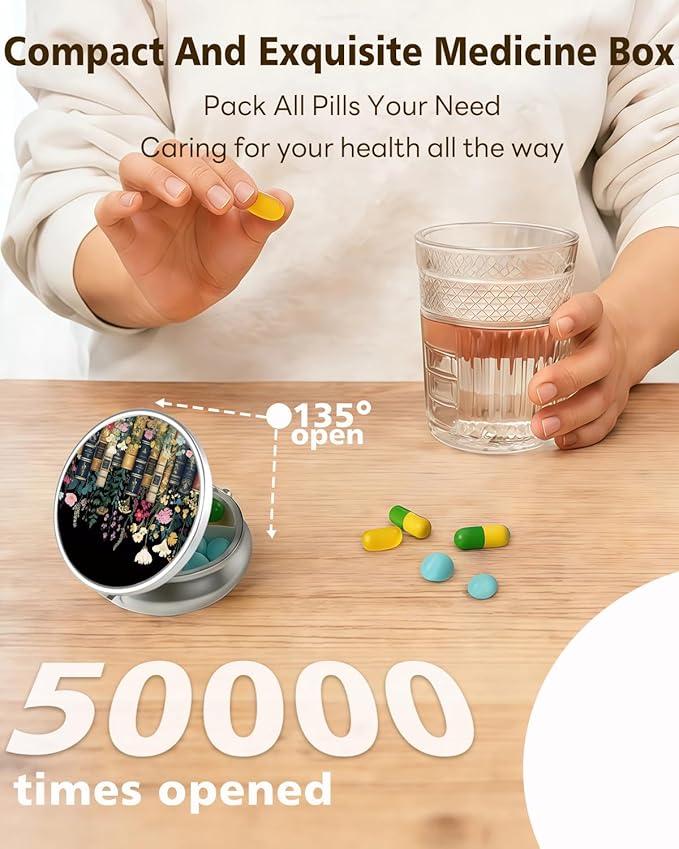 LRITER Pill Case, Portable Travel Pill Box, Pillbox Organizer, Cute Small Medicine Storage Container, Purse Accessories for Women, Men (Books and Flowers)