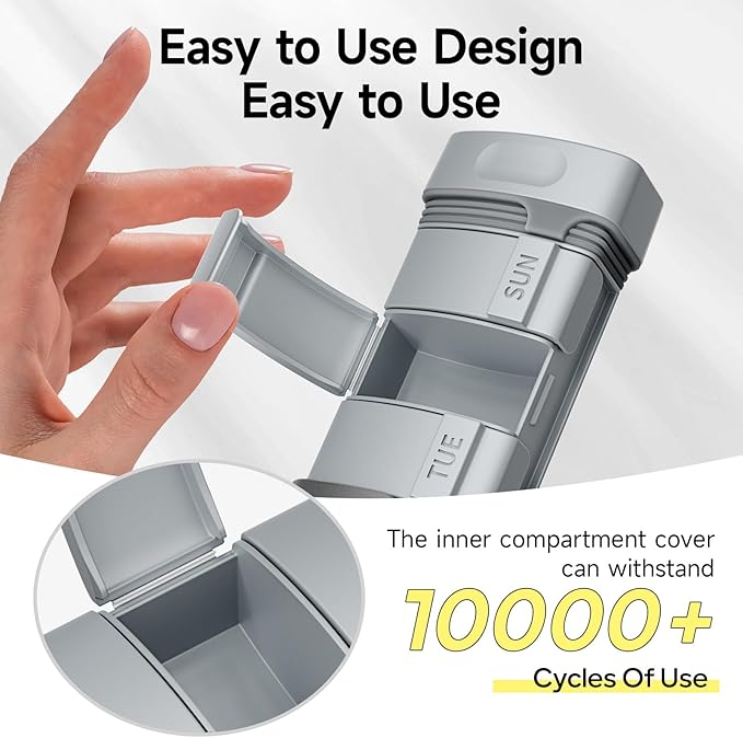 Travel Pill Organizer Weekly, 1 Time a Day ，Upgrade Premium Aluminum Alloy Daily Pill Box 7 Day, Portable Metal Pill Case, Cute Pill Holder to Hold Vitamins, Medicines, Pills, Supplements (Grey)