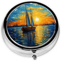 Sunset Sailboat Pill Box 3 Compartment Pill Case, Portable Medicine Pill Organizer for Pocket Purse Pill Box Decorative Metal Medicine Vitamin Organizer