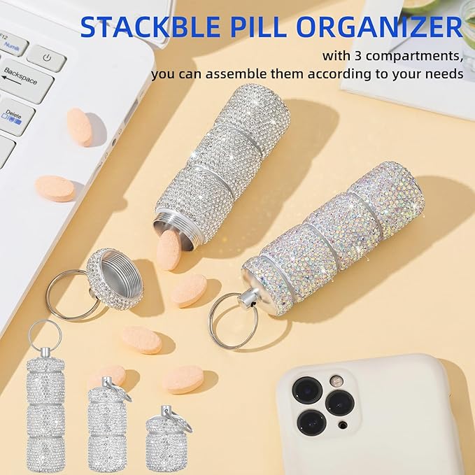 Keychain Pill Holder Box Travel Small Pill Case Bling Portable Purse Medicine Case Container Metal Pill Organizer Fob for Vitamin Medicine(Ab)