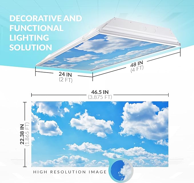 OCTO LIGHTS Fluorescent Light Covers Cloud Sky Panel for Ceiling Lights, Light Covers for Ceiling Lights Classroom 2x4 (22.38"x46.5") Backlit Film Insert for Fluorescent Light Fixtures (Pack of 10)