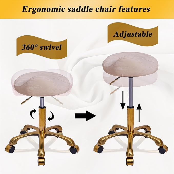 Saddle Stool Gold Rolling Stool with Wheels, PU Leather Roller Vanity Chair, Height Adjustable Swivel Saddle Chair for Pedicure, Tattoo, Massage, Salon, Spa (Pink)