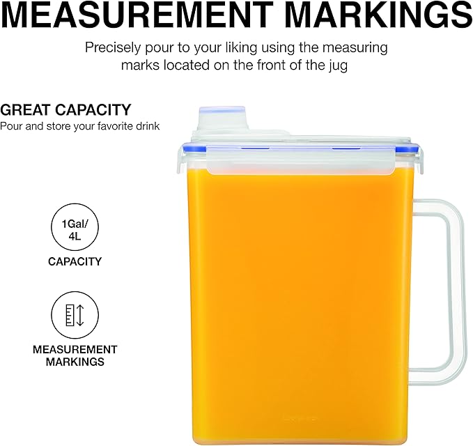 LocknLock Aqua Fridge Door Water Jug with Handle BPA Free Plastic Pitcher with Screw Top Lid Perfect for Making Teas and Juices, 1 Gallon, Clear