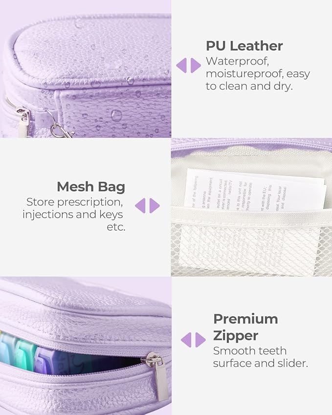 Cute Pill Organizer 2 Times a Day, PU Leather Pill Case for Women, Portable Weekly Pill Box for Purse with Storage Bag to Hold Vitamins, Medications, Fish Oils, Supplements (Purple)