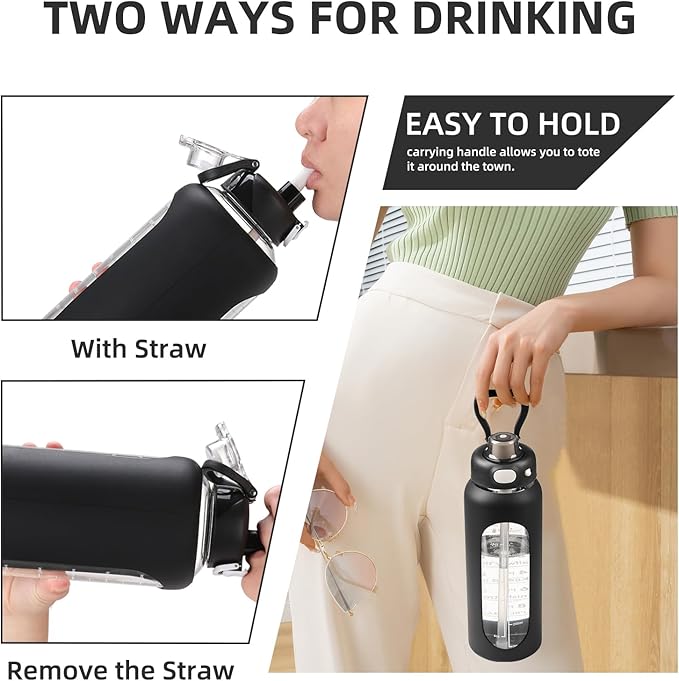 SIEROZUR 32 oz Glass Water Bottle with Straw and Handle 1 Liter Glass Water Bottle with Silicone Sleeve and Time Marker Sports Water Jug Wide Mouth for Travel Gym